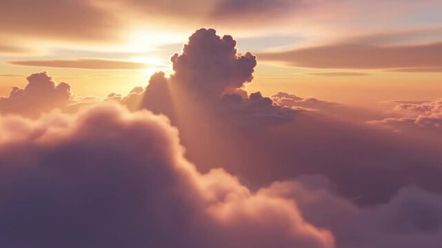 Dramatic sunset sky above clouds with golden light and shadows