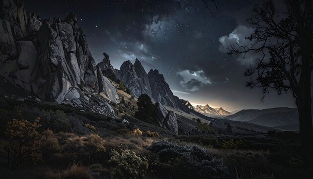 Dramatic Mountain Landscape Under a Cloudy Night Sky.