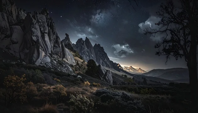 Dramatic Mountain Landscape Under a Cloudy Night Sky.