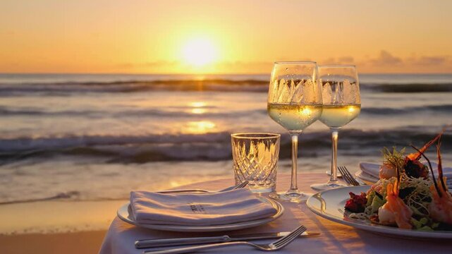 Elegant dining setup with glasses of white wine and gourmet seafood on a table by the beach during a stunning sunset view over the ocean