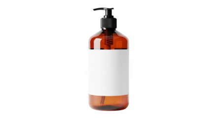 Amber bottle with pump dispenser and blank label isolated on transparent background