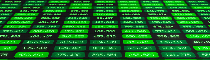 Fototapeta premium Financial figures or scientific data, green table, information, market data, prices, parameters. Business data, financial planning, sales data or scientific evaluation, experimental results.