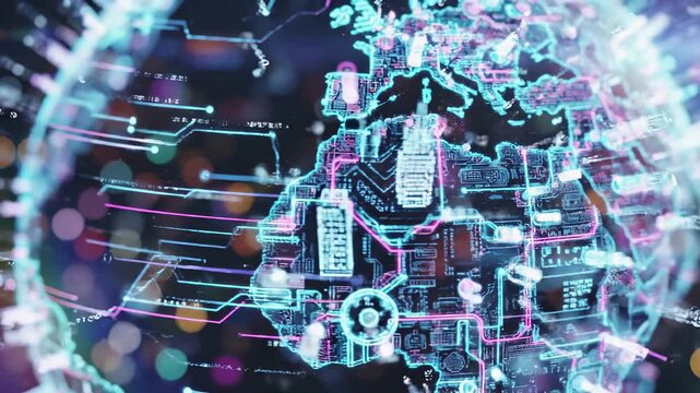 Abstract circuit board visualization with network connections and bokeh effects. Technology concept of digital data transmission, electronic communication infrastructure, computer hardware engineering