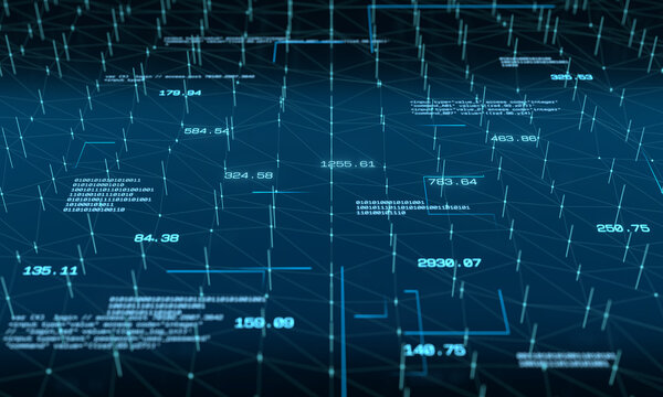 Futuristic data, machine learning, bit, binary code,  graphical user interface. Technology, big data concept, system, software configuration, science, computer network.
