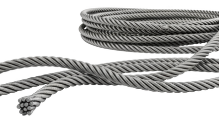 Close up of braided steel cable with exposed strands and coiled section isolated on transparent background