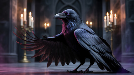 Obraz premium Powerful black crow spreading wings in dim castle hall illuminated by candlelight creating dark surrealism art perfect for mystery novels and spooky atmospheric background designs