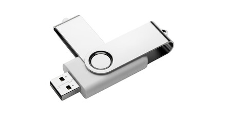 Close up shot of a stylish metal usb flash drive isolated on transparent background