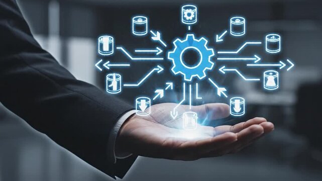 Businessman showcasing digital gear icon with data flow, illustrating technology integration and management in a modern workspace environment