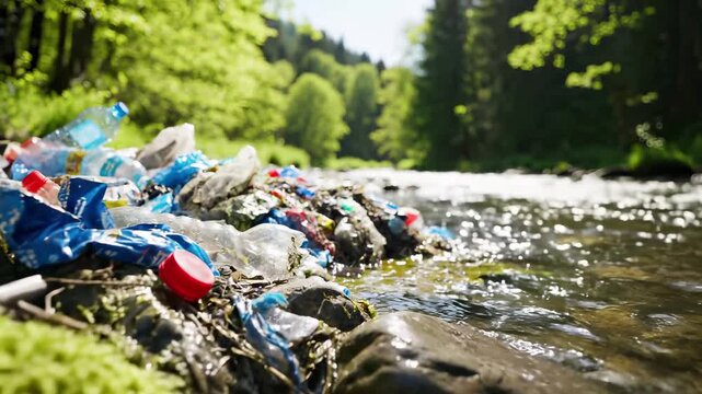 Plastic waste and trash pollution littering river shore in natural forest environment. Environmental concept of ecological crisis, water contamination, damage and need for conservation, cleanup