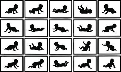 Baby silhouette grid showing crawling and rolling poses, infant development stages, newborn movement milestones, parenting education, nursery decor, black vector illustration set