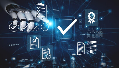 Fototapeta premium This visually striking image depicts a robotic hand interacting with digital elements, showcasing concepts of verification and automation in a futuristic landscape. Gantry