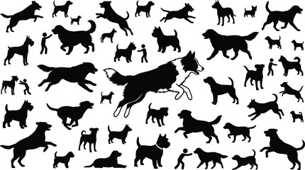 Dog silhouettes collection with various breeds and actions, running, jumping and playing poses, pet training and owner interaction concept, black vector illustration set © Abdul