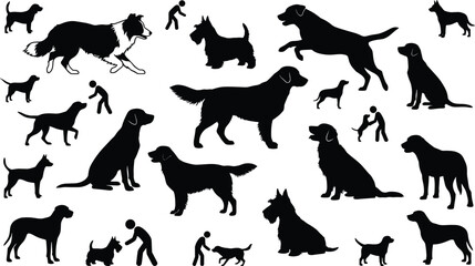 Dog silhouettes collection showing different breeds, poses and owner interaction, pet care and training concept, black vector illustration of domestic dogs set for design © Abdul