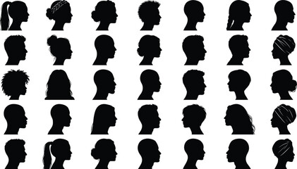 Human head profile silhouettes set showing diverse male and female hairstyles, side view portraits, identity concept, avatars collection, minimal black vector illustration on white background © Abdul