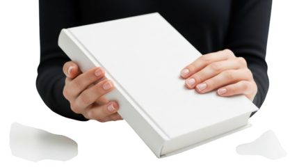 Female hands gently holding a blank white hardcover book isolated on transparent background