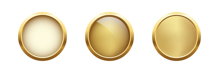 Gold metal medal set. Golden buttons. First place awards. Shiny badges for top ranking, winners, competition prize, or achievement certificate. Realistic vector illustration.