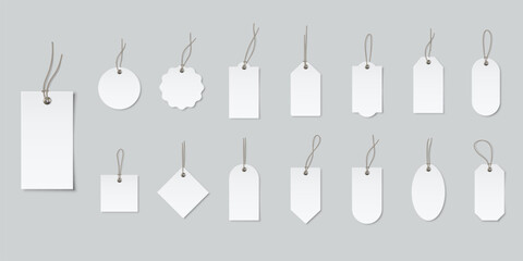 Price tags. Sale labels. Hanging tags. Blank white labels mockups. Paper empty stickers of different shapes with string loops for retail, packaging, gifts, luggage. Realistic vector illustrations set.