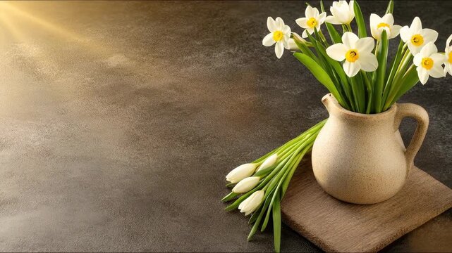 Vibrant white daffodils and closed tulips in a rustic pitcher, bathed in warm light, represent Imbolc, St Brigid's Day, celebrating the renewal and hopeful beginnings of spring
