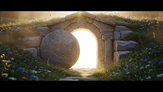 An ancient stone tomb with its entrance open and a bright light shining from within, set in a grassy landscape at sunrise.