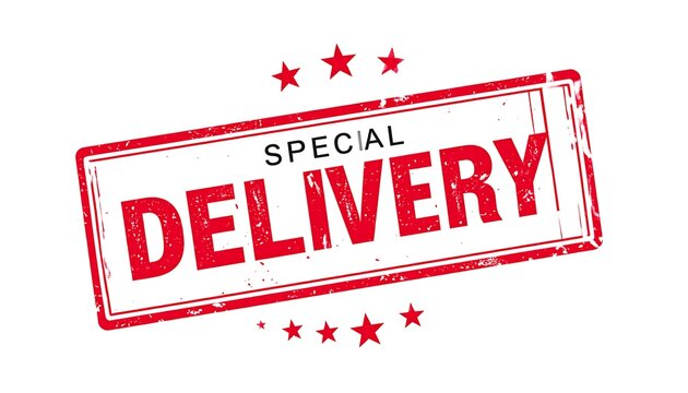 Red stamp saying "SPECIAL DELIVERY" with stars on white background
