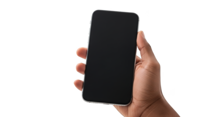 Hand holding mobile phone with blank screen isolated on transparent background