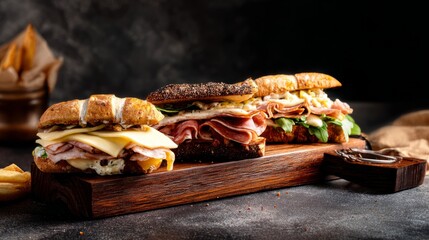 deli. Three sandwiches on a wooden cutting board, presented as a fresh and appetizing deli selection. menu design, packaging mockups, designed for culinary blogs and recipe cards for restaurants.
