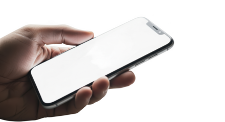 Hand holding mobile phone with blank white screen on background modern device isolated on transparent background