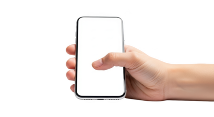 Hand holding mobile phone with white screen isolated on transparent background