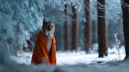 A cat is sitting in the snow with an orange blanket