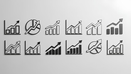 Collection of business graph icons arranged neatly in rows on a gray background surface from a straightforward viewpoint