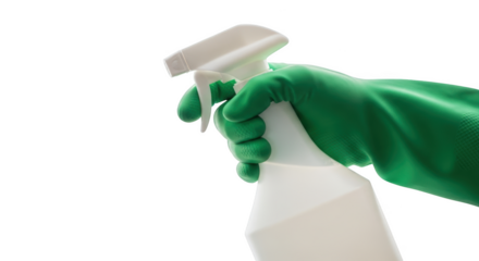 Hand in green glove holding spray bottle ready to clean isolated on transparent background