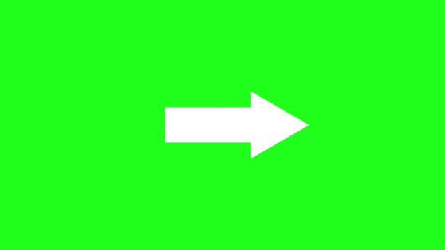 directional white arrow pointing in a horizontal right east direction indicator icon symbol animated on a green screen chroma key background and held for nearly a minute on screen 4K animation