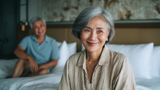 Asian senior woman portrait, thoughtful expression. Husband blurred in background, hotel room setting. Peaceful retirement life, togetherness concept.  Mature couple enjoying travel.