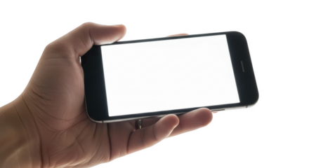 Male hand holding modern smartphone with blank white screen isolated on transparent background