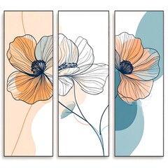 Floral Triptych - Abstract Flower Art with Modern Minimalist Design.