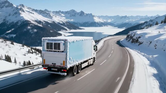 Refrigerated truck with icicles traveling on mountain highway through snowy alpine landscape with frozen lake. Winter transportation and cold chain logistics concept of freight delivery and commercial