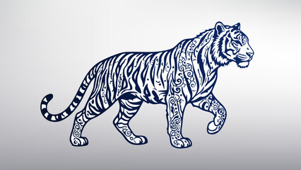 Walking Tiger with Intricate Tribal Ornament Pattern, Vector Illustration