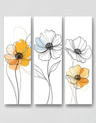 Floral Triptych - Watercolor Flowers in Minimalist Line Art Style.