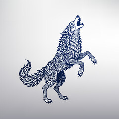 Howling Wolf with Intricate Tribal Ornament Pattern, Vector Illustration