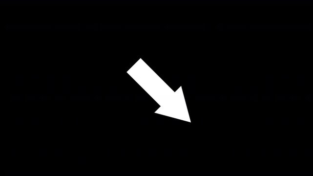 directional white arrow pointing in a diagonal direction indicator icon symbol animated on an invisible transparent alpha channel background and held for nearly a minute on screen 4K animation