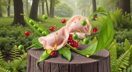 A pink elephant ear with green leaves and red berries on a tree stump in a forest