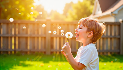 Young boy blowing dandelion seeds in sunny backyard garden  