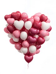 Heart made of pink and white balloons isolated on white background