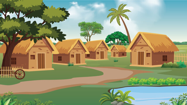 Idyllic Rural Village Scene with Thatched Huts and Pond Village Road by Amina 02 