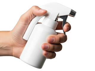 Hand holding white spray bottle