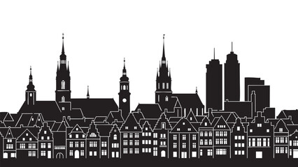 Fototapeta premium City Skyline Silhouette with Historic and Modern Buildings in Monochrome Design