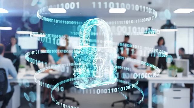Digital padlock with binary code in corporate office environment. Cybersecurity concept of data protection, network security, encryption, privacy defense and information technology safety for business