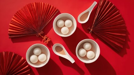 Chinese tangyuan rice balls served in white bowls on red Lunar New Year background with festive decorations and ceramic spoons, top view composition