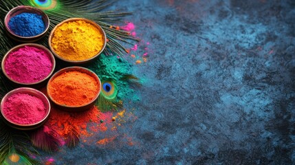 Holi background. Traditional elements like gulal powders, peacock feather, Krishna flute, pichkari and festive spiritual harmony