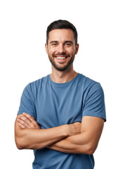 Fototapeta premium Young adult caucasian man (25-30), short dark hair, short beard, in medium-blue t-shirt, stands confidently with arms crossed, smiling broadly, looking direct, against a transparent studio background